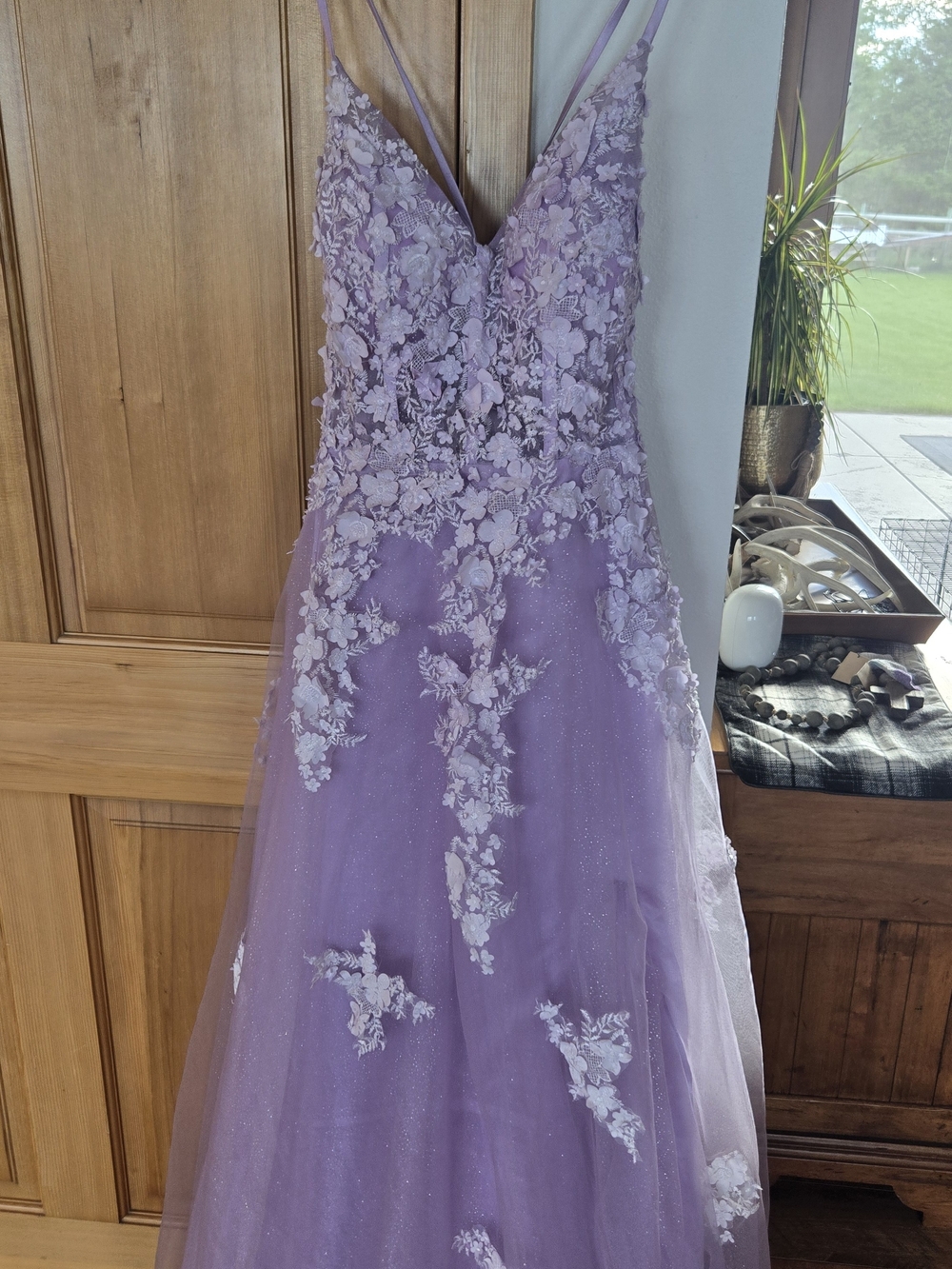 Lavender Floral Appliqué Prom Dress with V-Neck
